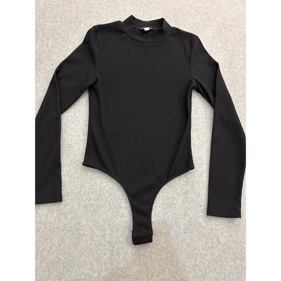 Topshop Thick Ribbed Mock Neck Black Bodysuit Size S  Minimalist Chic Essential - Picture 3 of 9